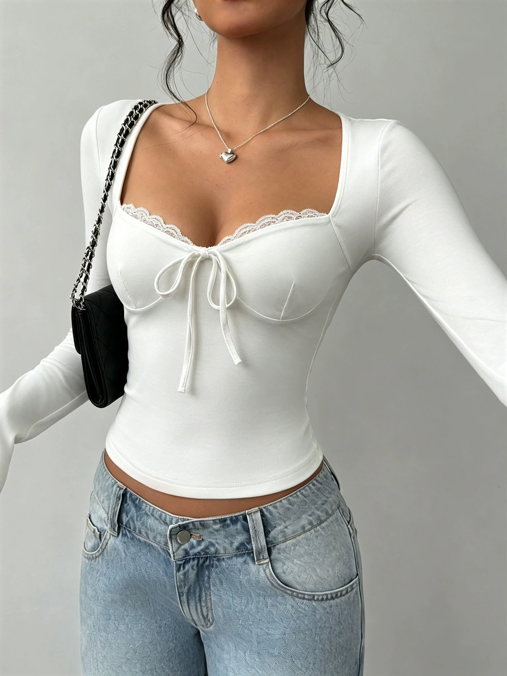 ZARA Square Neck Lace Long Sleeve Top Tie Waist Slim Fit Sexy